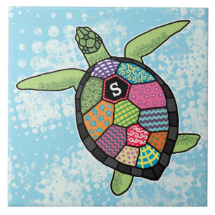Färgfläckar i Mönster Monogram Sea Turtle Kakelplatta