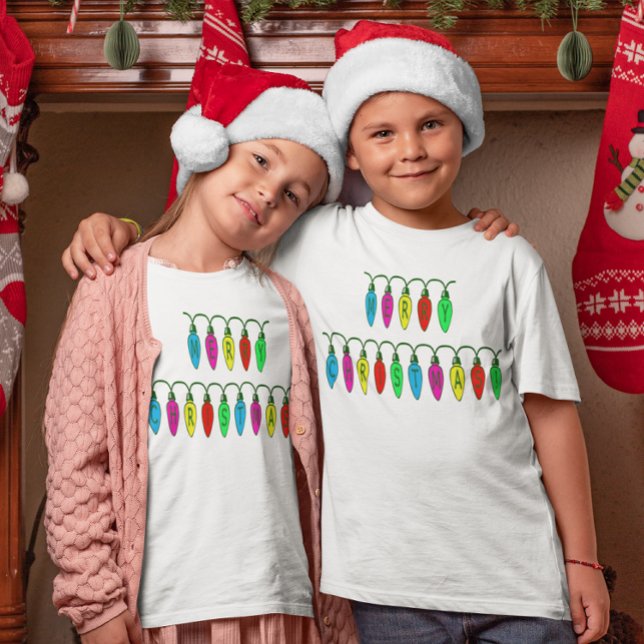 Färgfläckar och bojor i God jul Ljus Tee (Colorful Merry Christmas Lights Font Girls & Boys T-Shirt)