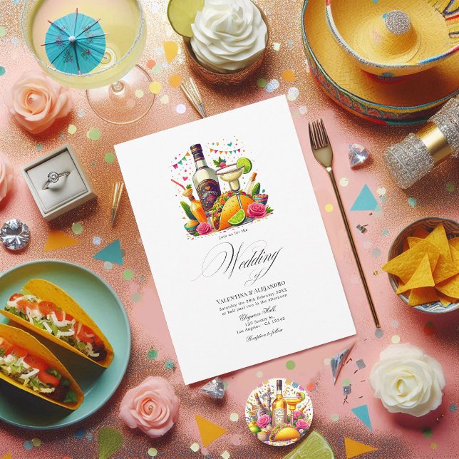 Färgfläckar och Tequila Fiesta Bröllop Inbjudningar (Colorful Tacos and Tequila Fiesta Wedding Invitation)