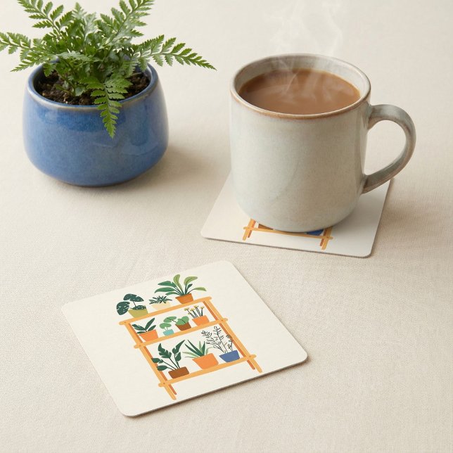 Färgfläckar på ett rack underlägg papper kvadrat (Colorful Potted Houseplants on a rack Square Paper Coaster.)