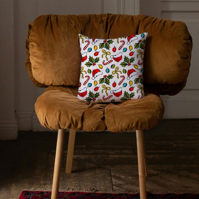 Färgfläckar på julskalet Mönster Kudde (Colorful Christmas Sketches Hand-Drawn Pattern Throw Pillow)