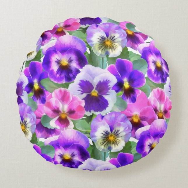 Färgfläckar Pansy Flower Mönster Rund Kudde (Framsidan)