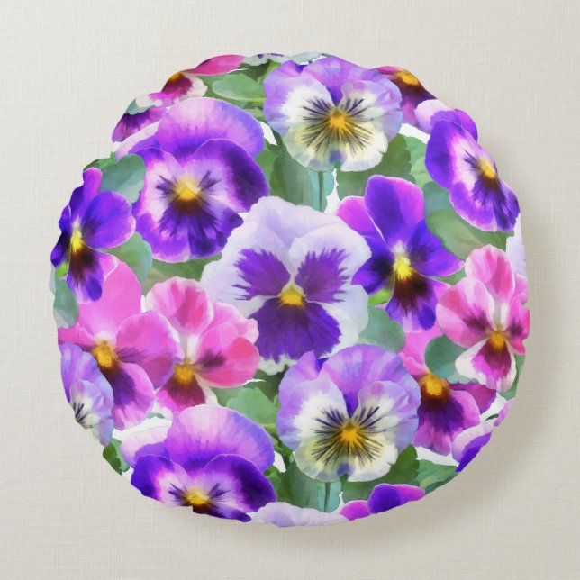 Färgfläckar Pansy Flowers Mönster Rund Kudde (Framsidan)