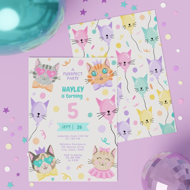 Färgfläckar Party Cute Kattunge födelsedag Inbjudningar (Colorful A Purrfect Party Cute Kitty Cat Birthday Invitation)