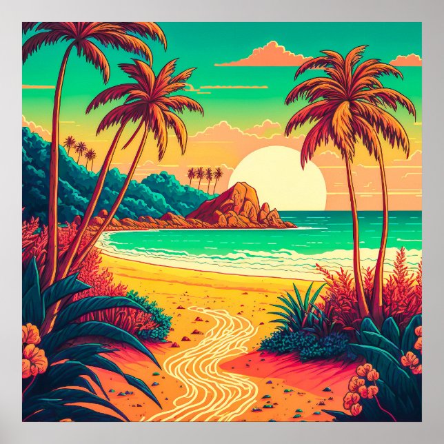 Färgfläckar vid Tropical Beach Landcape Artwork | Poster (Framsidan)