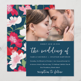 Färgfläckat Blommönster Foto Bröllop Blue Inbjudningar