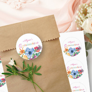 Färgfläckblommor Vit Blommigt Quinceanera Runt Klistermärke