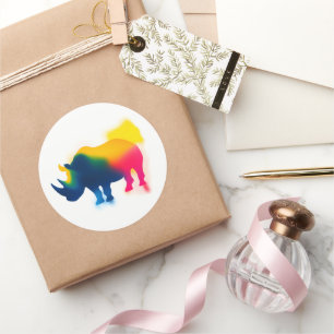 Färgfläckfärg Rhinoceros Silhouette Sticker Runt Klistermärke