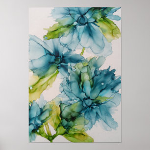 Färgfläckig Abstrakt Blått och Grönt Blommigt Art Poster