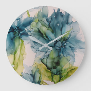 Färgfläckig Abstrakt Blått och Grönt Blommigt Art Stor Klocka