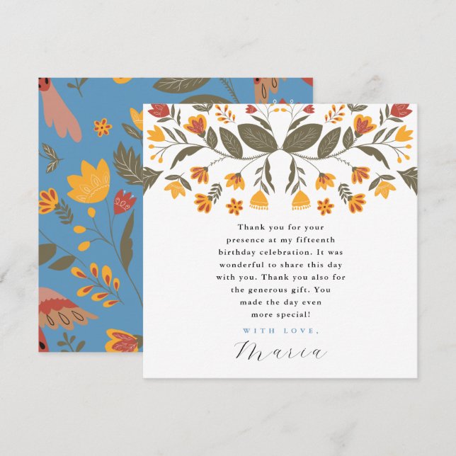 Färgfläckig blå fiesta 15:e födelsedagen Tack Inbjudningar (Fram/baksida)