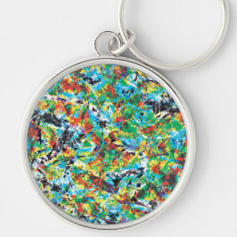 Färgfläckig blå grönt vår blomma mönster rund silverfärgad nyckelring