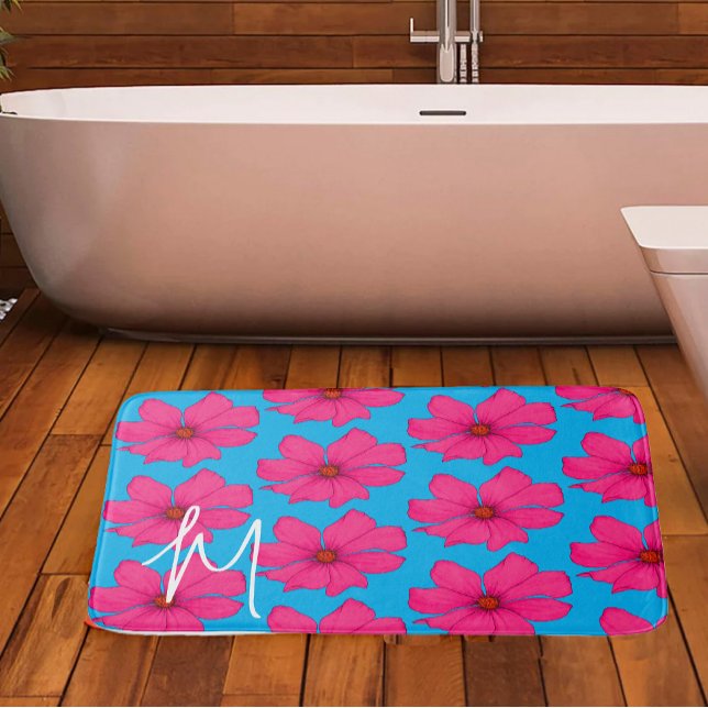 Färgfläckig Blommigt för blå Rosa Modern Monogram Badrumsmatta (Skapare uppladdad)