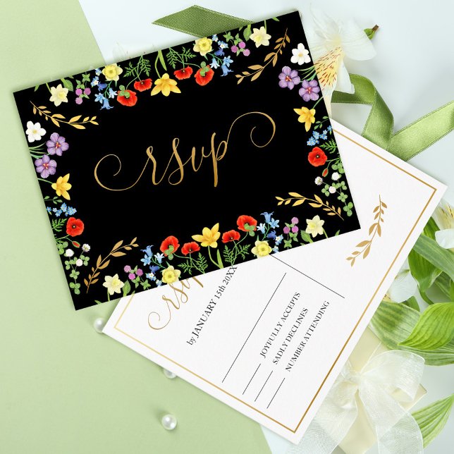 Färgfläckig Bröllop OSA av Vår Wildblomma Black Vykort (Colorful Spring Wildflower Black Wedding RSVP Postcard)