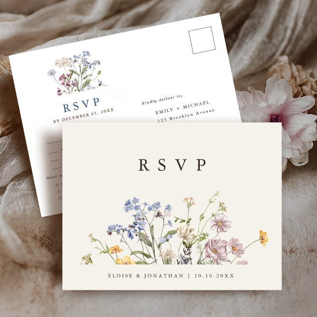 Färgfläckig Bröllop OSA av Vår Wildblomskugga Vykort (Colorful Spring Wildflower Meadow Wedding RSVP Postcard)