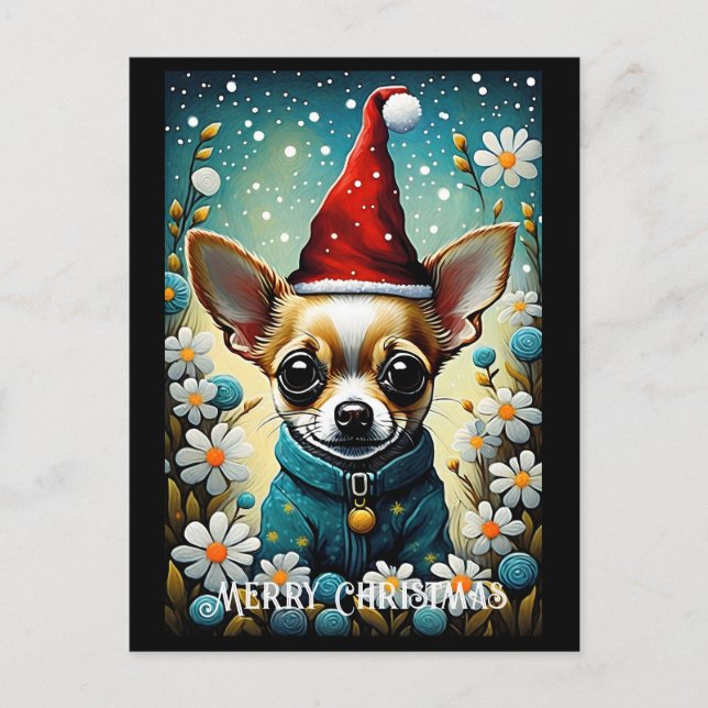 Färgfläckig Cute Chihuahua-Blommigten jultomten Vykort (Framsida)