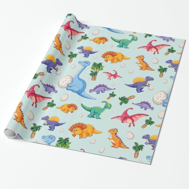 Färgfläckig Cute Dinosaur Mönster Presentpapper (Utrullad)