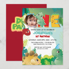 Färgfläckig Cute Dinosaur Pojke första födelsedag Inbjudningar
