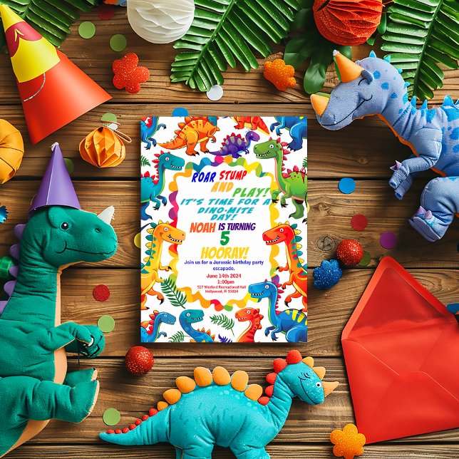 Färgfläckig Födelsedagsfest för dosinosaur Inbjudningar (Fun and Colorful Dinosaur Party Invitation )