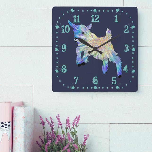 Färgfläckig Funky av jumping av lera Baby Djurkons Fyrkantig Klocka (Cute cute jumping colorful farm animal art blue wall clock)