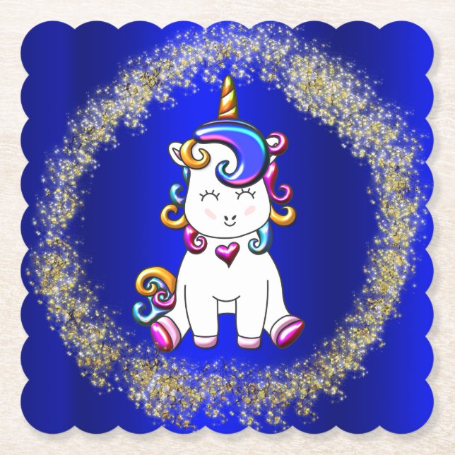 Färgfläckig Glitter Unicorn Blue Underlägg Papper (Framsida)