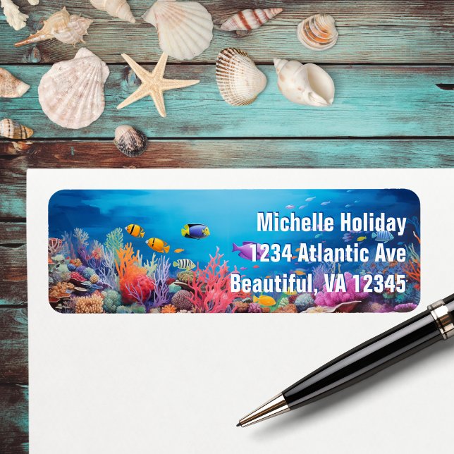 Färgfläckig korallrev Tropical Fish Beach Adress Returadress Etikett (Colorful Coral Reef Tropical Fish Beach Address Label)