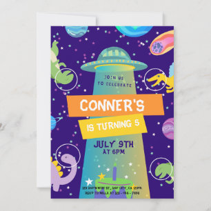 Färgfläckig liten Dino Space Birthday Inbjudningar