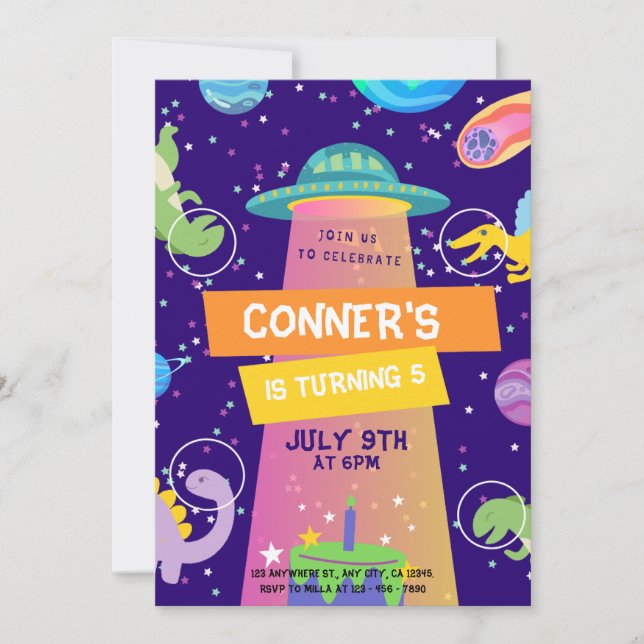 Färgfläckig liten Dino Space Birthday Inbjudningar (Framsida)