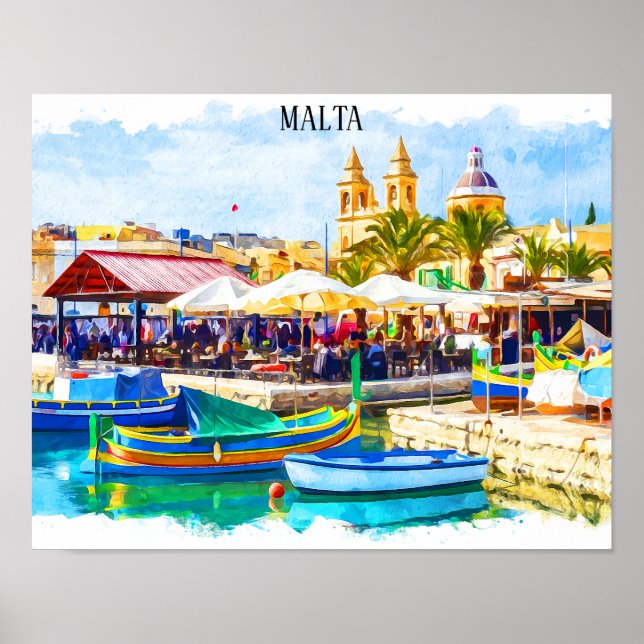 Färgfläckig Malta Mediterranean Panorama View Poster (Framsidan)