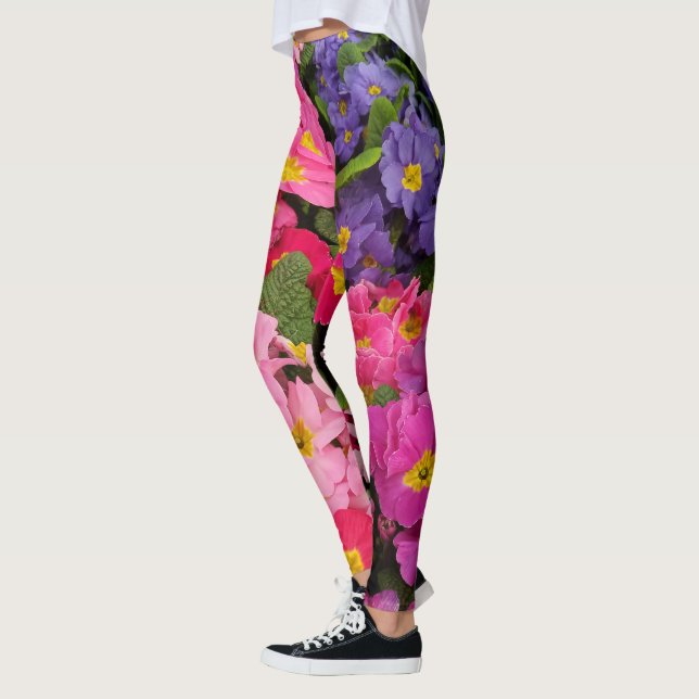 Färgfläckig Medley Rosa Blue Lila Primula Flowers Leggings (Vänster)
