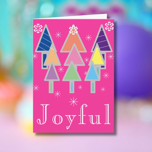 Färgfläckig modern Art Julgranar Cute Helgdag Kort (Joyful pink holiday card with colorful abstract art Christmas trees.)