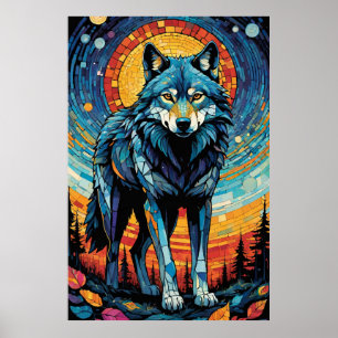 Färgfläckig mosaikillustration av Majestisk Varg Poster