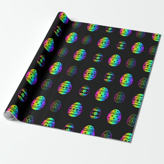 Färgfläckig neon Rainbow Påskägg Mönster Black Presentpapper (Utrullad)
