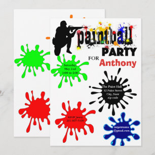 Färgfläckig Paintball Födelsedagsfest inbjudan