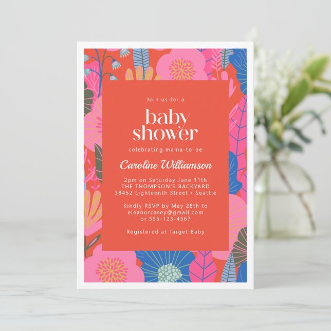 Färgfläckig Red Boho Blommigt Snyggt Baby Shower Inbjudningar (Stående Fram)