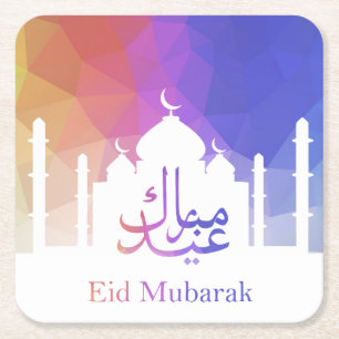 Färgfläckig regnbåge Polygonal Eid Mubarak Mosque Underlägg Papper Kvadrat