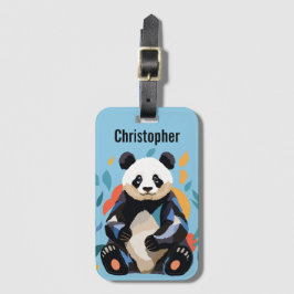 Färgfläckig Sitta Panda Bear Personlig Namn Blue Bagagebricka