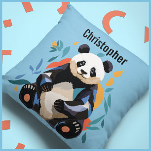 Färgfläckig Sitta Panda Bear Personlig Namn Blue Kudde