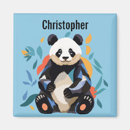 Färgfläckig Sitta Panda Bear Personlig Namn Blue Magnet