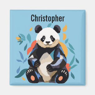 Färgfläckig Sitta Panda Bear Personlig Namn Blue Magnet