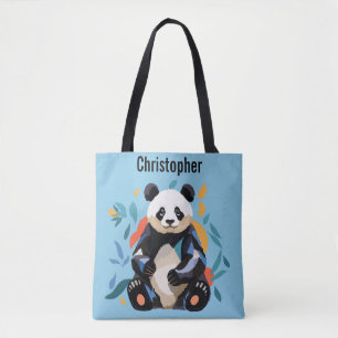 Färgfläckig Sitta Panda Bear Personlig Namn Blue Tygkasse