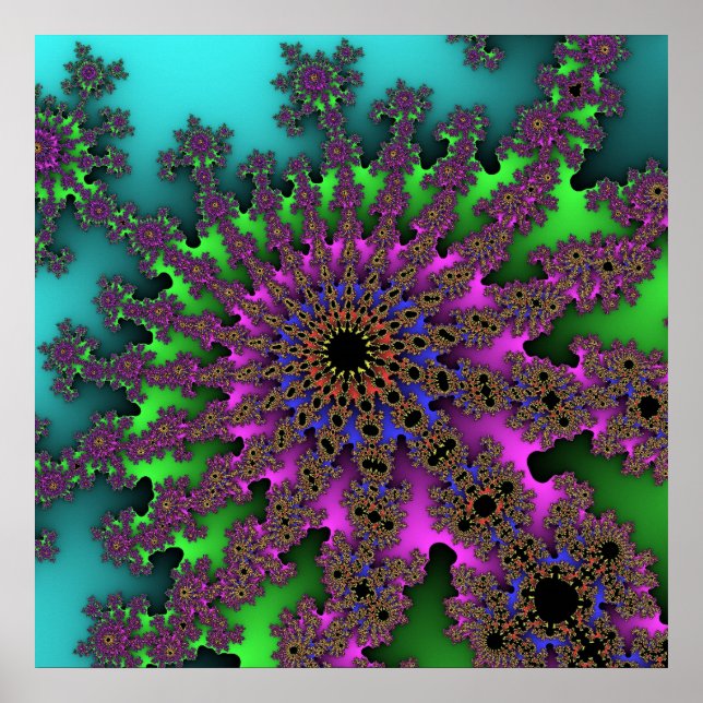 Färgfläckig slutning, Grönt och Lila Fractal Poster (Framsidan)