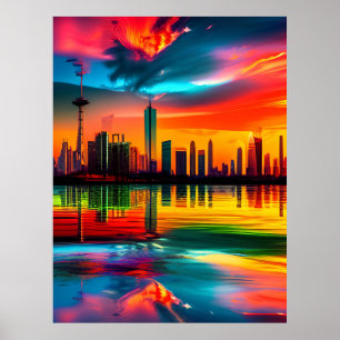 Färgfläckig solnedgång Cityscape Art Poster
