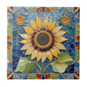 Färgfläckig solrosblomma Faux Mosaic Blue Kakelplatta