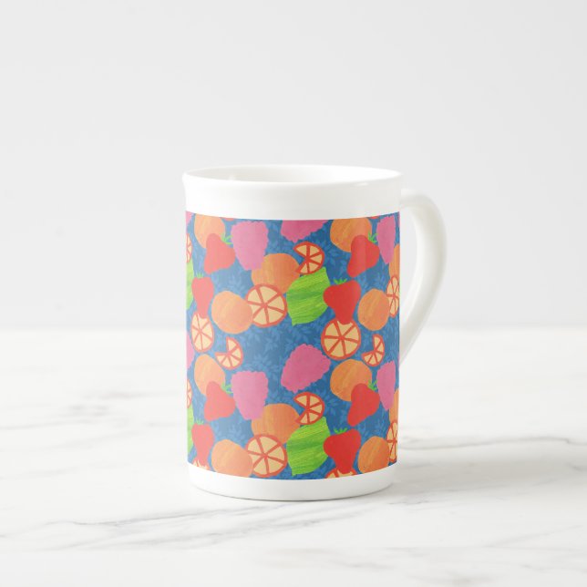 Färgfläckig sommarfrukt Mönster på djupblått Benporslin Mugg (Framsida höger)