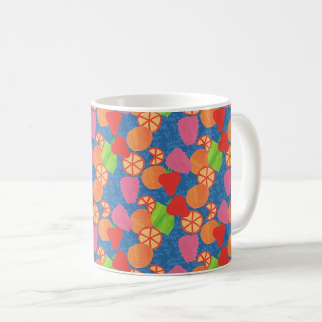 Färgfläckig sommarfrukt Mönster på djupblått Kaffemugg (Framsida höger)