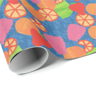 Färgfläckig sommarfrukt Mönster på djupblått Presentpapper