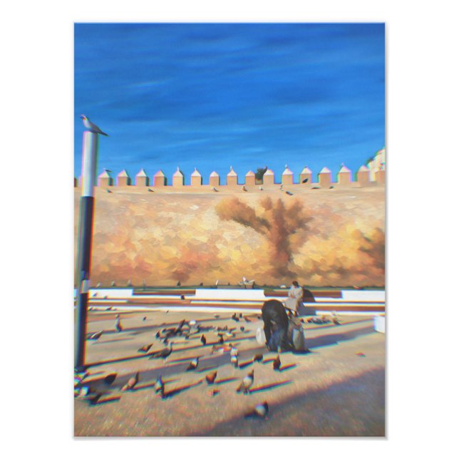 Färgfläckig stadsmiljö med människor som Matar pig Fototryck (Framsidan)