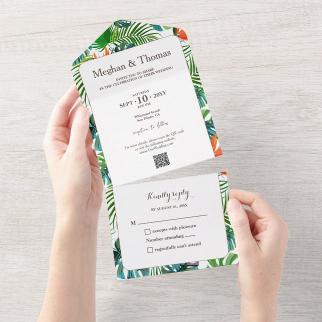 Färgfläckig Tropical Bröllop med QR Code OSA (Avrivbar del)