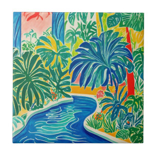 Färgfläckig Tropical Handflatan Träd Mönster Kakelplatta